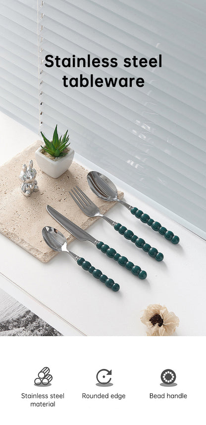 4-Piece Designer Pearl Handle Cutlery Set - Elegant Emerald Green & Stainless Steel Flatware
