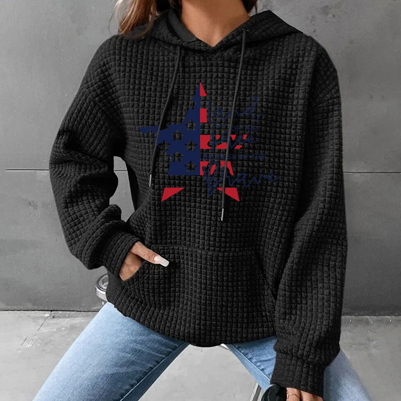 Waffle Knit Star/Flag Graphic Hoodie | Black Long Sleeve Hooded Pullover for Women