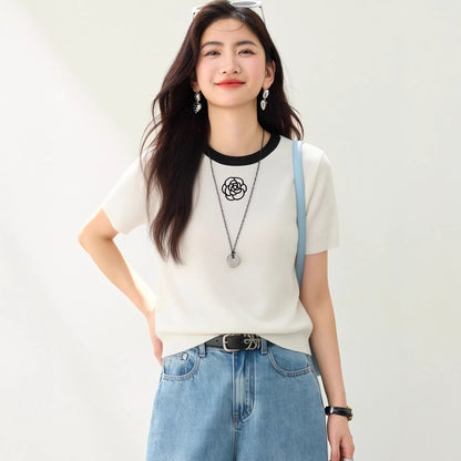 Women's Elegant Ice Silk Knit Top - Regular Shoulder Embroidered Camellia Tee