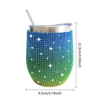 12oz Luxury Diamond Rhinestone Wine Tumbler - Insulated Stainless Steel Cup with Straw & Lid
