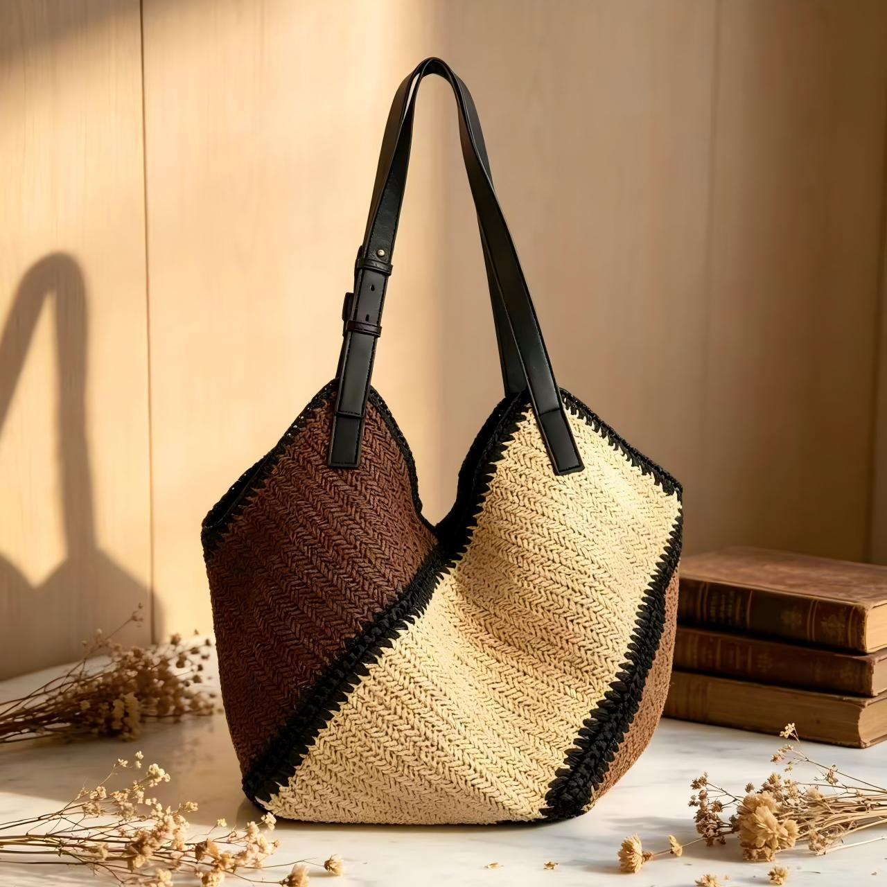 Vintage Hand-Woven Straw Shoulder Bag - Casual Straw Patchwork Hobo Bag & Summer Beach Tote
