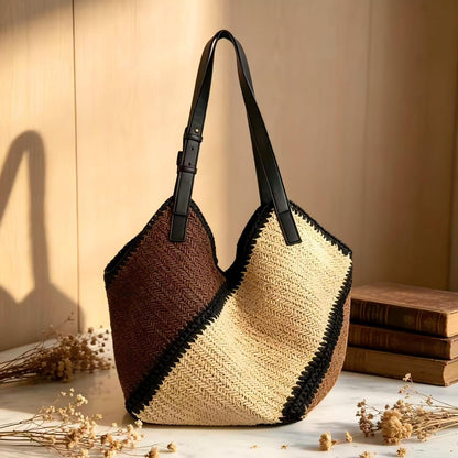 Vintage Hand-Woven Straw Shoulder Bag - Casual Straw Patchwork Hobo Bag & Summer Beach Tote
