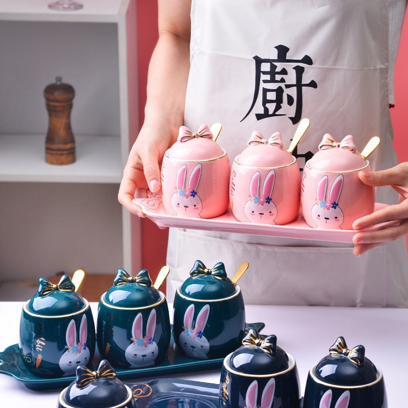 Cute Cartoon Rabbit Ceramic Spice Jar Set - 3 Pieces with Tray