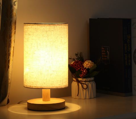 Nordic Wooden LED Table Lamp – Elegant Linen Night Light with USB Power for Bedroom & Office