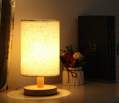 Nordic Wooden LED Table Lamp – Elegant Linen Night Light with USB Power for Bedroom & Office