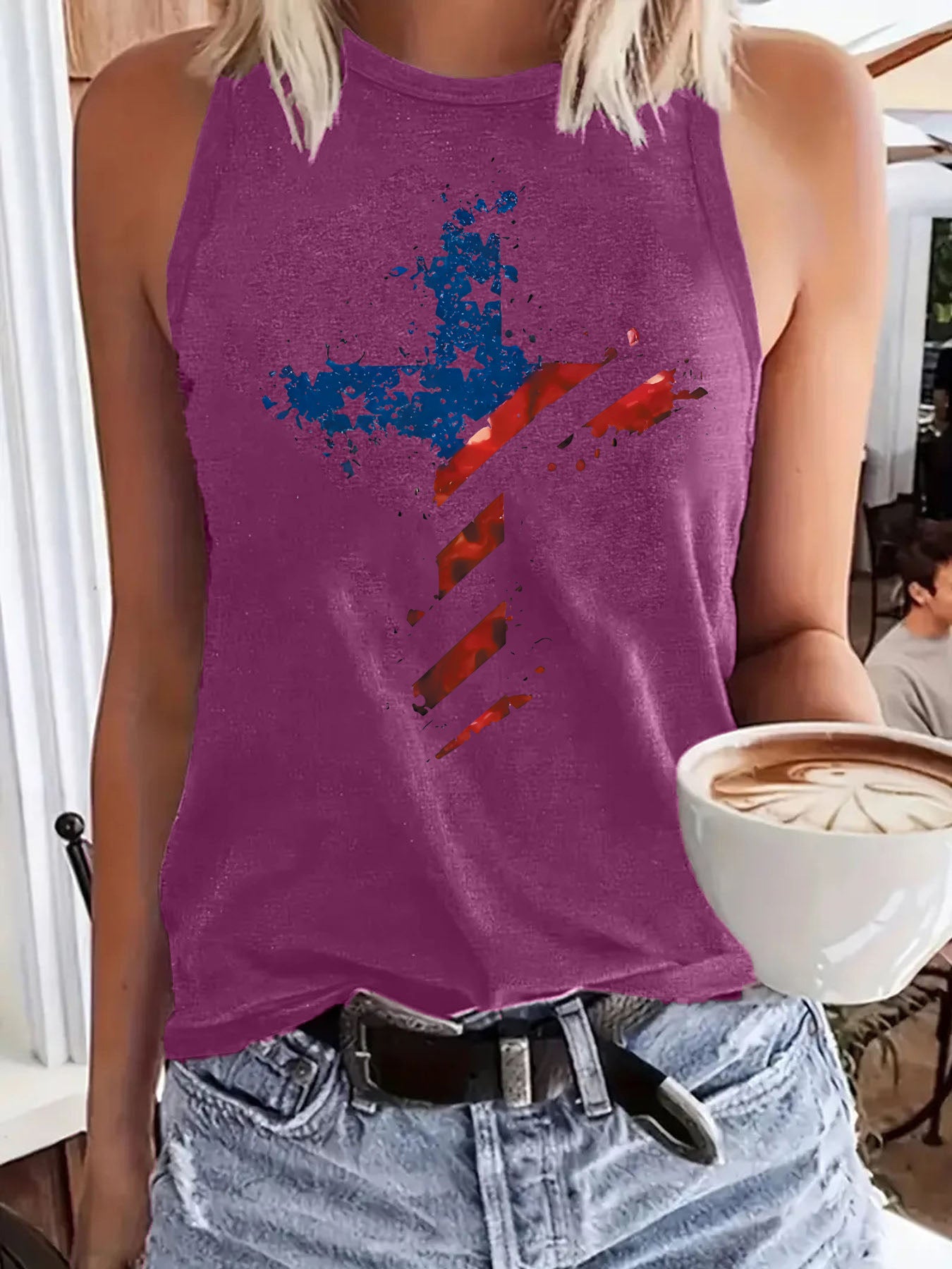 Sleeveless Top T-Shirt Round Neck Pullover | Patriotic American Flag Cross Graphic Tank