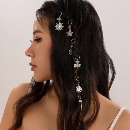Alloy Hair Clip Chains with Sun, Moon & Pearl Charms - Versatile Hip-Hop Style