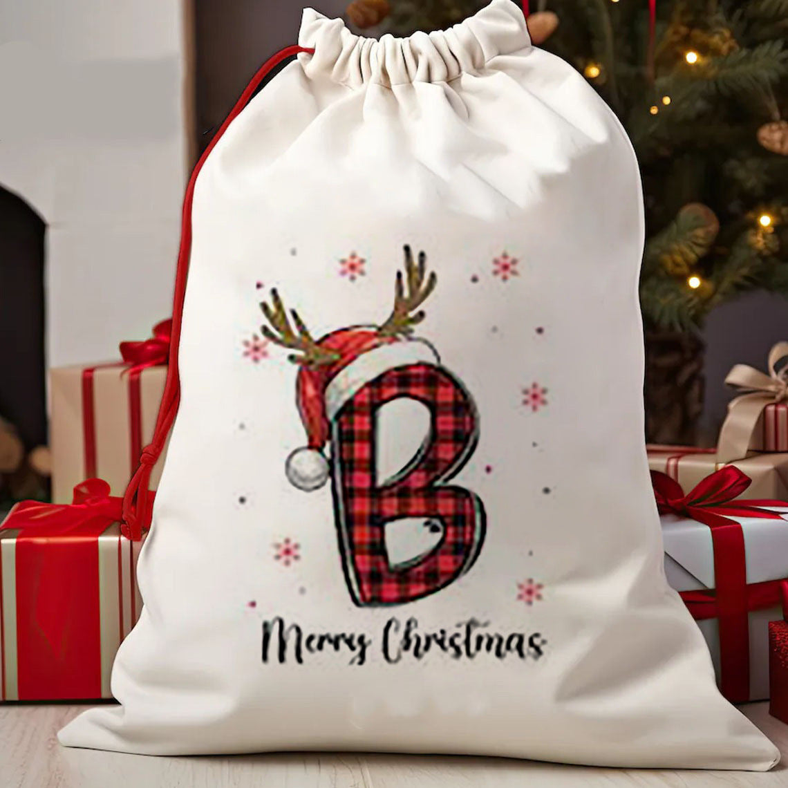 Personalized Christmas Alphabet Cotton Drawstring Bag - Plaid Santa Hat Gift Sack