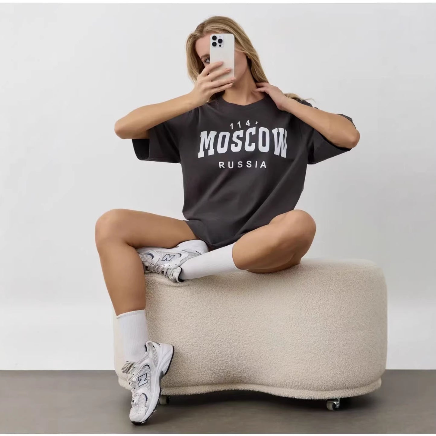 Women's "Moscow Russia" Vintage Letter Print Oversized T-Shirt