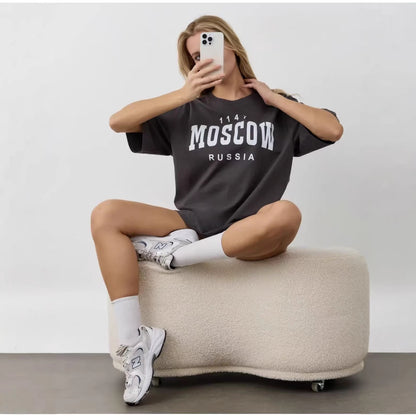 Women's "Moscow Russia" Vintage Letter Print Oversized T-Shirt
