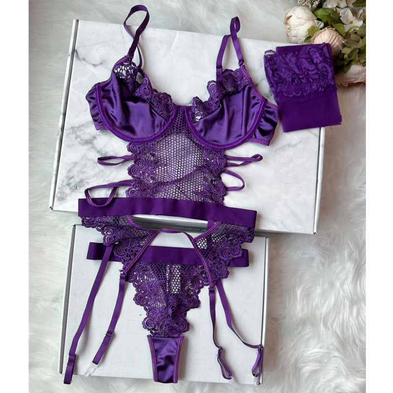 Purple Transparent Push-up Lingerie Set with Stockings
