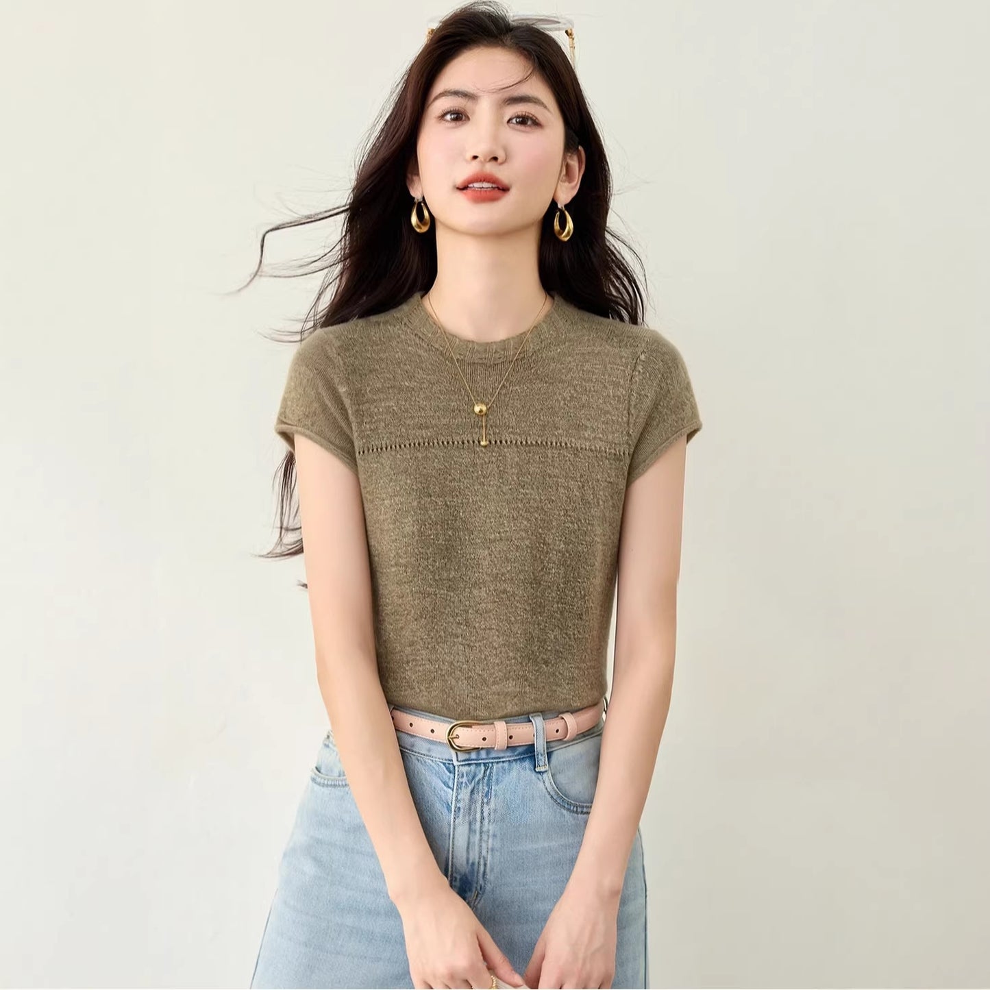 Lazy Style Minimalist Knitted Innerwear Top - Short Sleeve Tee for Women