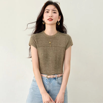 Lazy Style Minimalist Knitted Innerwear Top - Short Sleeve Tee for Women