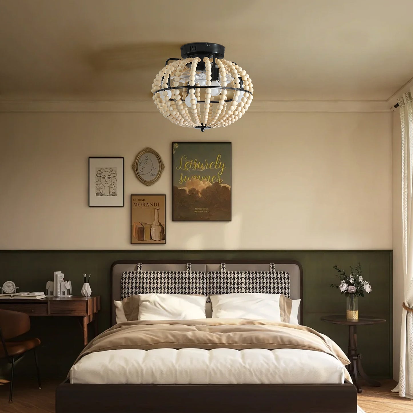 Bohemian Wood Beaded Chandelier – Elegant Flush Mount Ceiling Light for Bedroom & Nursery
