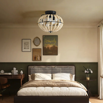 Bohemian Wood Beaded Chandelier – Elegant Flush Mount Ceiling Light for Bedroom & Nursery