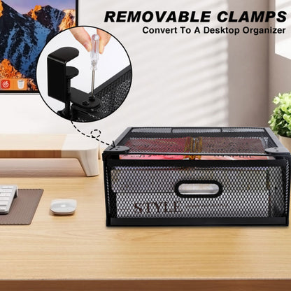 Clamp-On Under-Table Organizer - No-Drill Hidden Hanging Shelf for Desk Storage