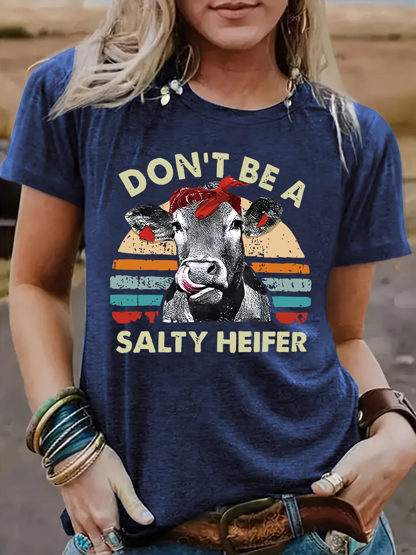 Funny Cow Pattern Printed Round Neck Short Sleeved Shirt | 'Don't Be A Salty Heifer' Graphic Tee