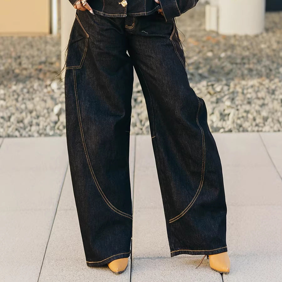 Stylish Stitched Curved Hem Denim Pants - Trendy Wide Leg Jeans for Women