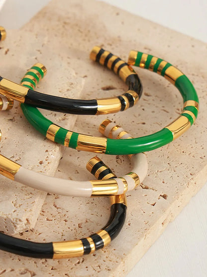 Modern Green Enamel Titanium Steel Cuff Bracelet for Women