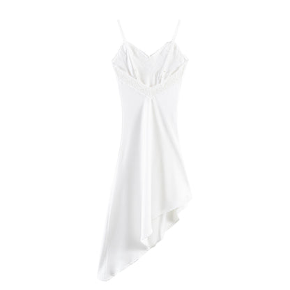 Luxury Silk Slip Dress - Asymmetric Hem and Lace Trim V-Neck