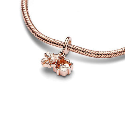 Rose Gold-Tone Bow Ribbon Dangle Charm / Openable Cute Gift Box Pendant for Bracelets