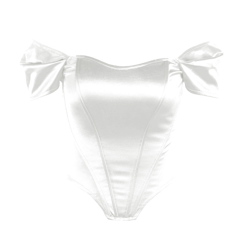 Fishbone Waist Cinched Strapless Satin One Shoulder Top for Women | Corset Style Top