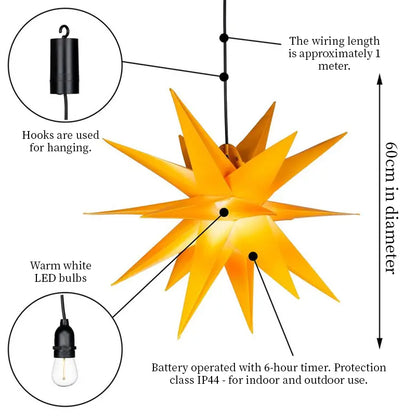 3D XXL LED Star Window Light (60cm) – Warm Glow | Hanging Christmas Decoration with Timer (IP44)