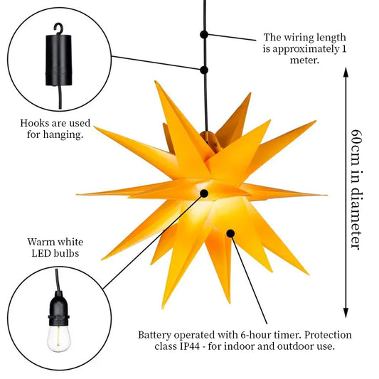 3D XXL LED Star Window Light (60cm) – Warm Glow | Hanging Christmas Decoration with Timer (IP44)
