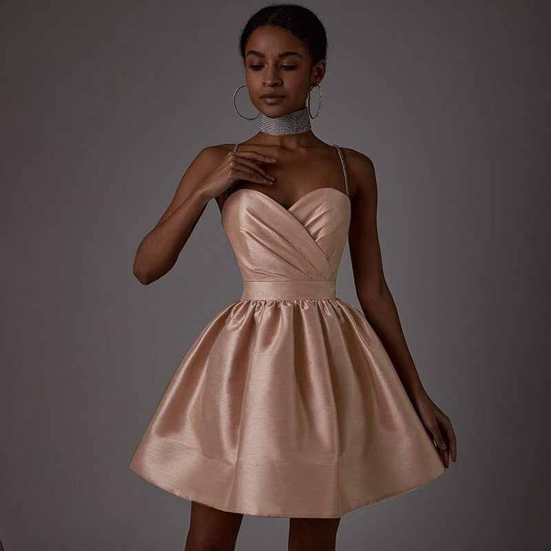 Glamorous Hot Pink Diamond Chain Strap Dress - Elegant Satin Party Mini Gown