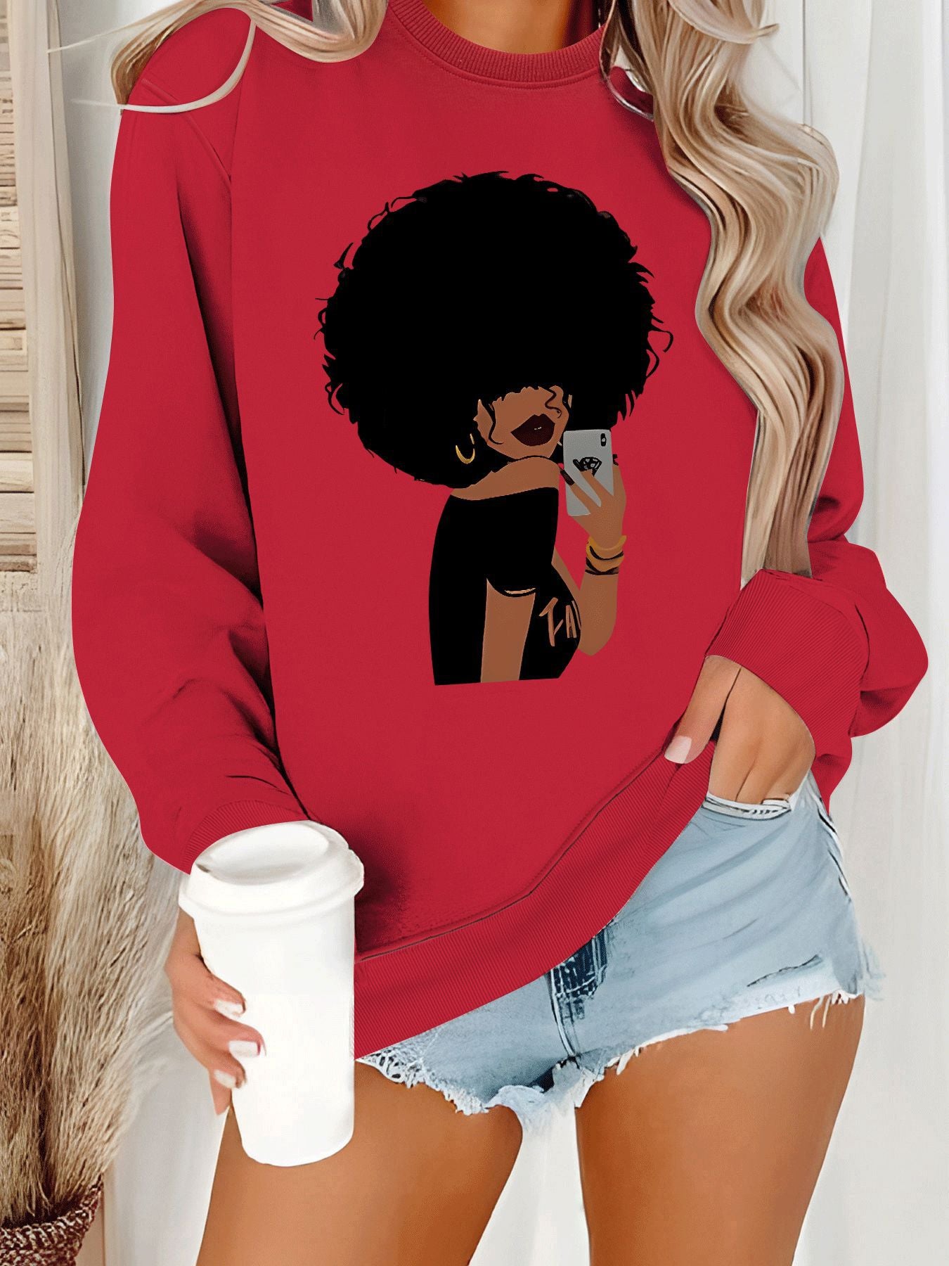 Afro Woman Portrait Print Sweatshirt | Stylish Orange Crewneck Pullover for Women