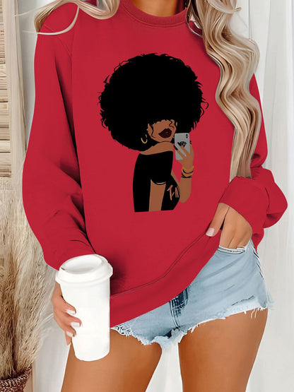 Afro Woman Portrait Print Sweatshirt | Stylish Orange Crewneck Pullover for Women
