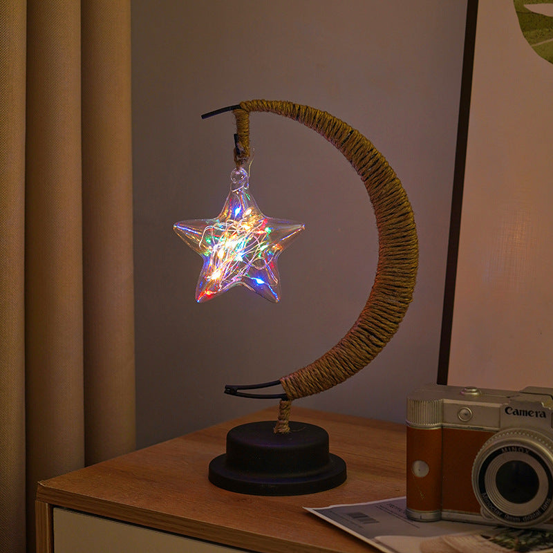 LED Star in Moon Night Light with Hemp Rope and Iron Art Base