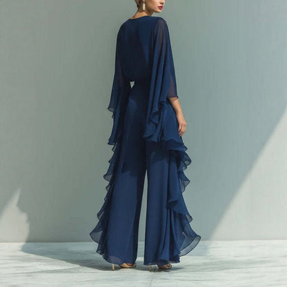 Women's Elegant Deep Blue Ruffle Wide-Leg Pants Set - Two-Piece Long Sleeve Outfit