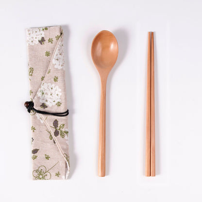 Japanese Style 3-Piece Portable Wooden Cutlery Set with Pouch