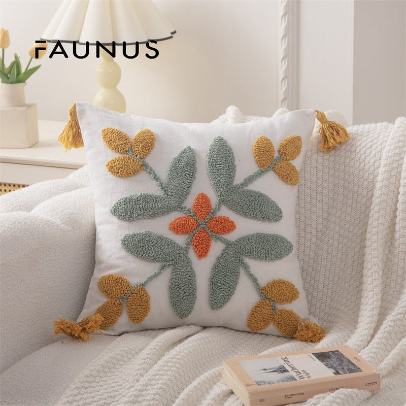 Bohemian Tufted Throw Pillow Cover - Ethnic Moroccan Leaf Embroidered Cushion Case