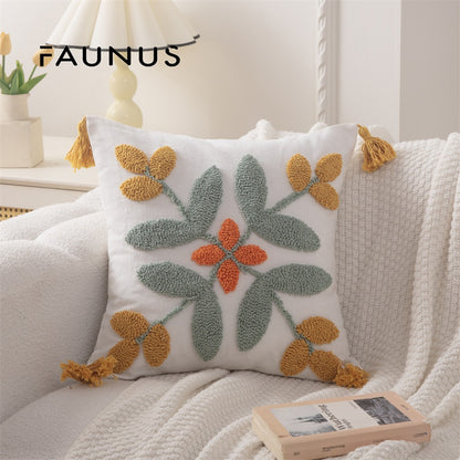 Bohemian Tufted Throw Pillow Cover - Ethnic Moroccan Leaf Embroidered Cushion Case
