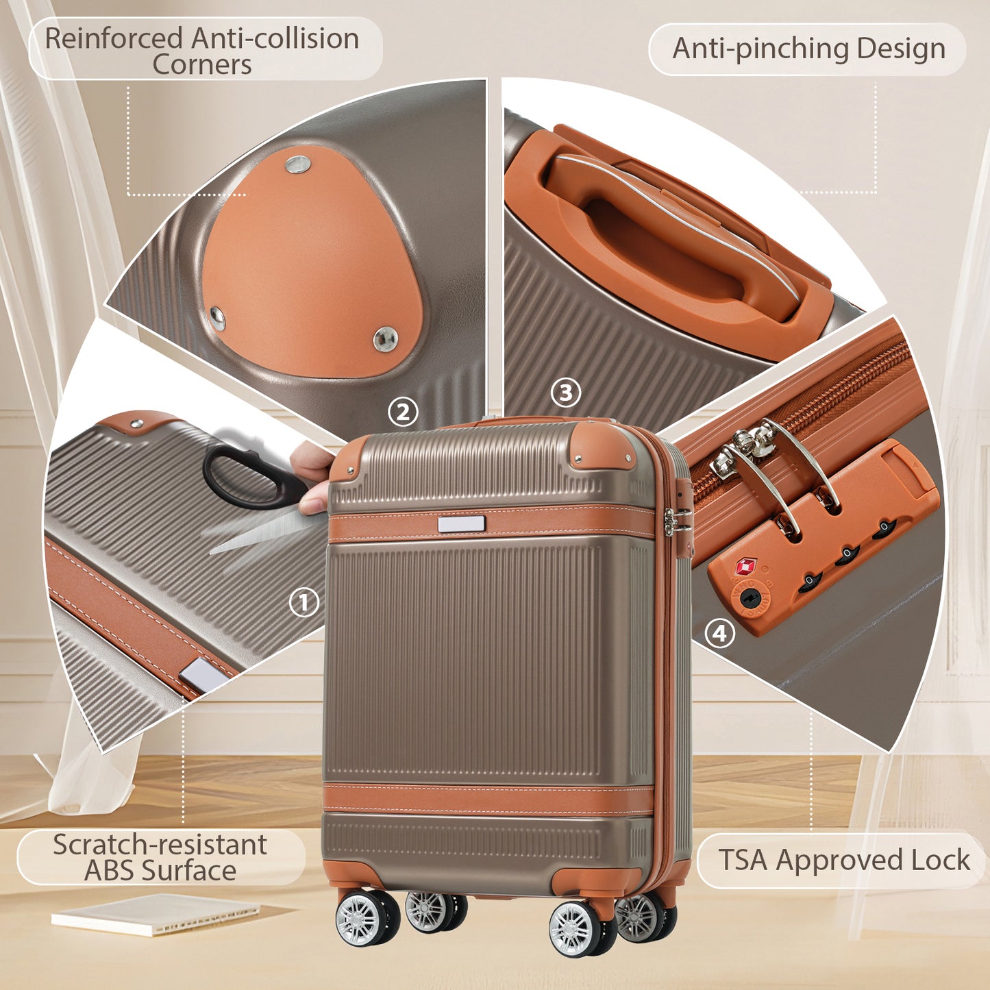 3-Piece Hardshell ABS Suitcase Set with Double Spinner Wheels & TSA Lock - Copper