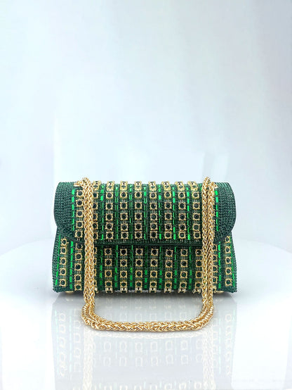 Elegant Black and Gold Chain-Adorned Evening Clutch Bag with Long Strap