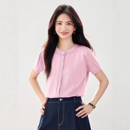 Chic Ice Silk Knit Short Sleeve Top - Lightweight Casual T-Shirt for Women