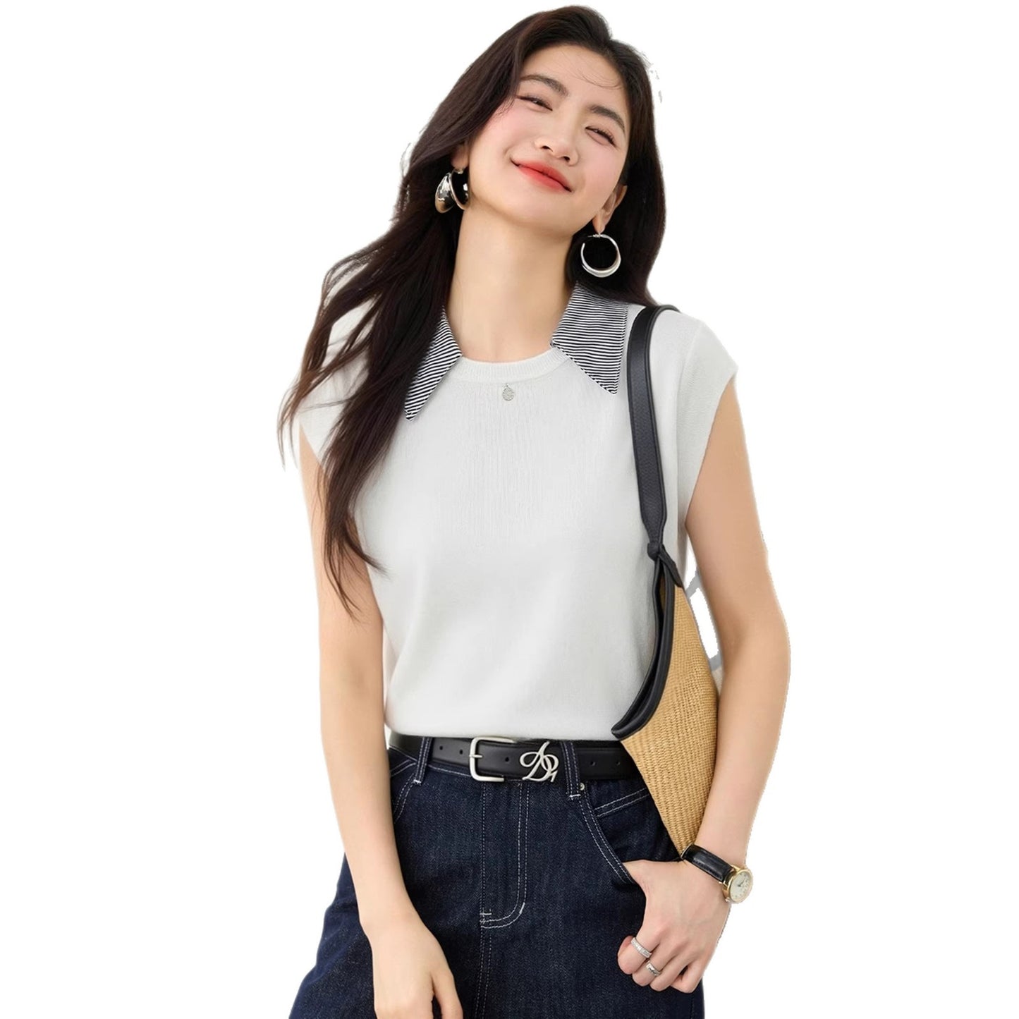 Stripe Turn-down Collar Short Sleeve Knit Top with Layered Look