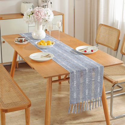 Rustic Hand-Woven Table Runner – Cotton & Linen Boho Table Flag with Tassels