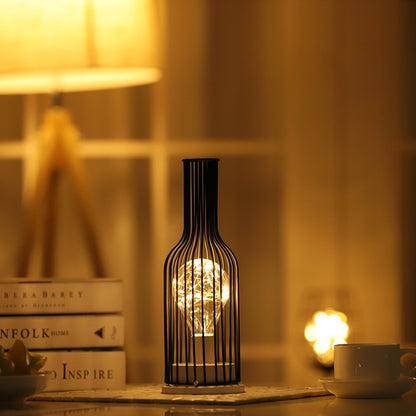 Creative Iron Wine Bottle Night Light - Retro Industrial LED Lamp for Home & Table Decor