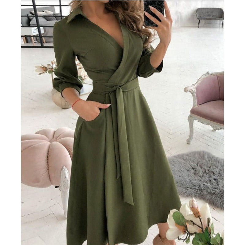 Elegant V-Neck Wrap Midi Dress - Chic Long Sleeve Office & Party Wear for Women