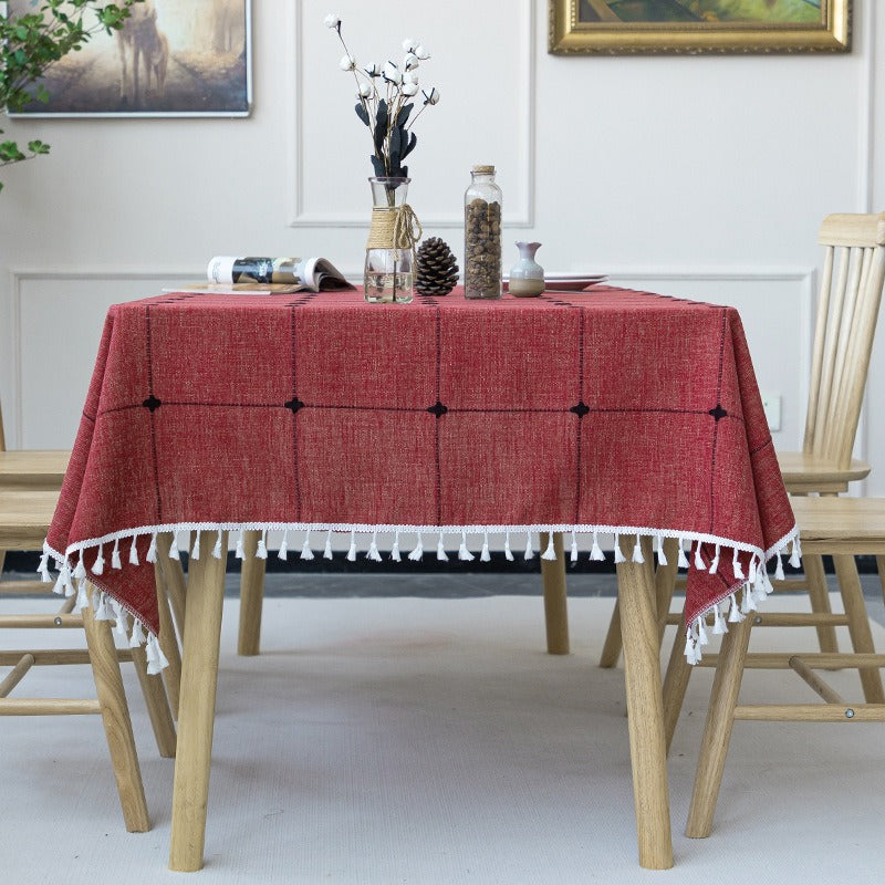 Nordic Jacquard Cotton Linen Tablecloth – Elegant Pink Long Stripe Table Cover with Decorative Tassels