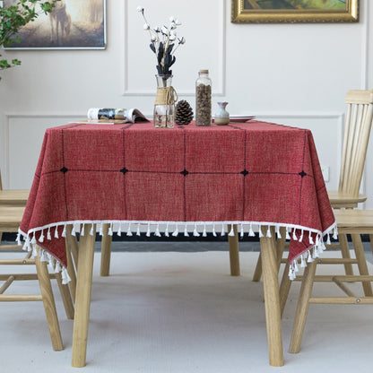 Nordic Jacquard Cotton Linen Tablecloth – Elegant Pink Long Stripe Table Cover with Decorative Tassels
