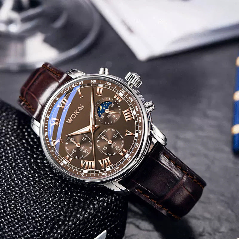 Luxury Men's Business Quartz Chronograph Watch with Brown Leather Strap.