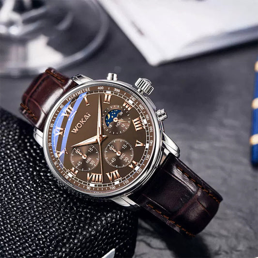 Luxury Men's Business Quartz Chronograph Watch with Brown Leather Strap.