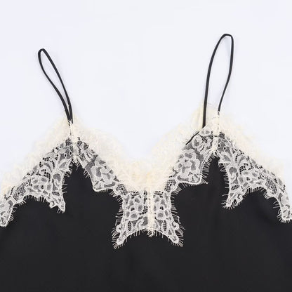 Luxury Lace Trim Satin Cami Top – Chic Color Blocked Sleeveless Silk-Textured Tank for Women