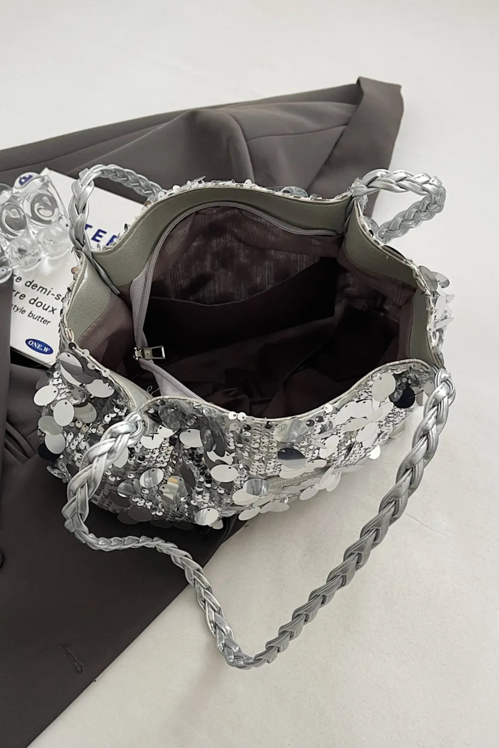 Sparkly Silver Sequin Bag with Braided Shoulder Strap (Hobo Style)