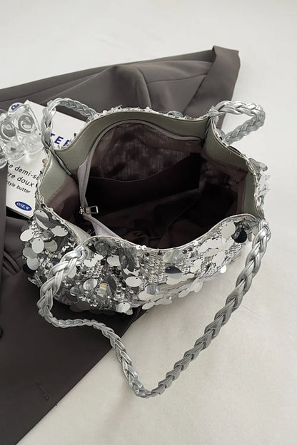 Sparkly Silver Sequin Bag with Braided Shoulder Strap (Hobo Style)
